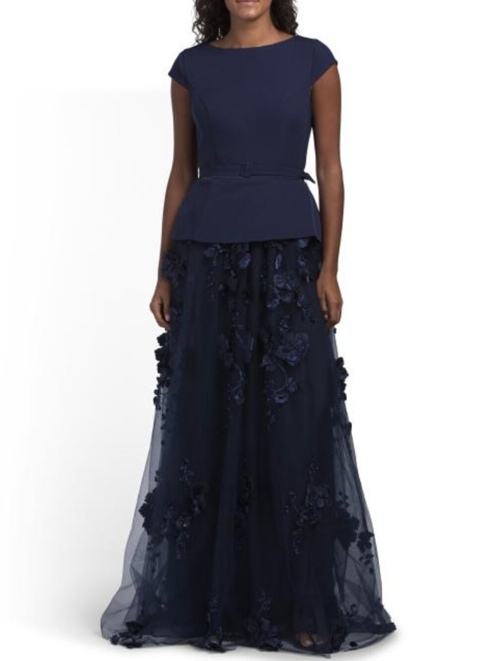 RENE BY RENE RUIZ Cap Sleeve Drop Waist Gown With 3d Embellished Skirt